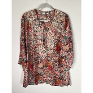 NEW Dolma teal coral floral silk poly tunic blouse S hand-embroidered boho